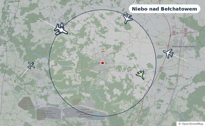 Mapa okolic miasta z sylwetkami samolotów — Niebo nad Bełchatowem